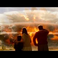 In a frame capture from the disaster movie 2012, visitors watch the Yellowstone caldera explode in a supervolcano eruption that marks the beginning of a planetary series of cataclysmic events. (©2009 Columbia Pictures - click to enlarge)