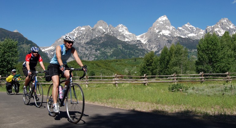 Bicyclists and others may use roads in Grand Teton National Park starting Friday, March 27. Roads open to cars May 1. (NPS photo)