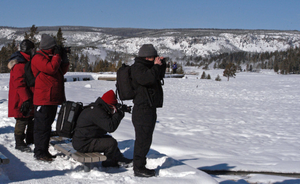 Photographers in Yellowstone National Park snap pictures in January during an eruption of Old Faithful geyser. (Ruffin Prevost/Yellowstone Gate - click to enlarge)