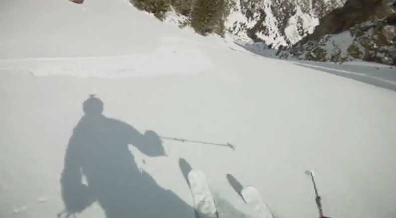 A still frame from a video shot by skier Josh Tatman shows his shadow on the snow just before he is injured in a fall on a steep slope in Grand Teton National Park. (click to enlarge)