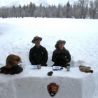 Grand Teton National Park rangers Clay Hanna & Kristen Dragoo broadcast in 2011 from their snowdesk located outside of the Craig Thomas Discovery & Visitor Center in Moose, Wyo. (NPS photo Ñ click to enlarge)