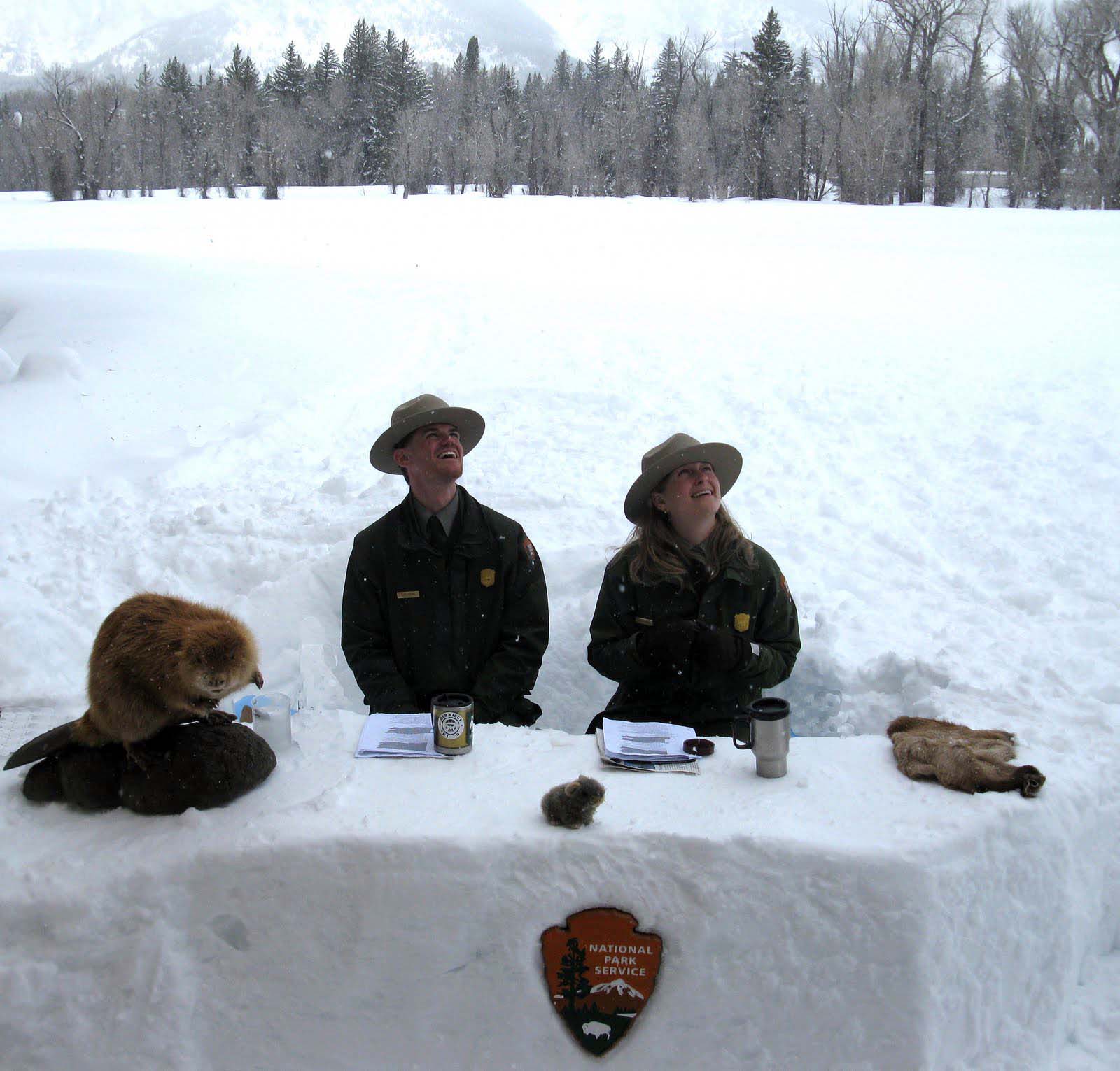 Grand Teton National Park rangers Clay Hanna & Kristen Dragoo broadcast in 2011 from their snowdesk located outside of the Craig Thomas Discovery & Visitor Center in Moose, Wyo. (NPS photo Ñ click to enlarge)