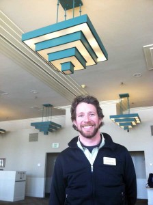 Dylan Hoffman, director of environmental affairs in Yellowstone for Xanterra Parks and Resorts, found LED lights used in a remodel of the Mammoth Hotel dining room that use 90 percent less energy than the lights they replaced. (Ruffin Prevost/Yellowstone Gate - click to enlarge)