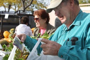 Bob and June Richard help out at a farmers' market in Cody, Wyo. selling produce raised by their son, Scott Richard, owner of Shoshone River Farm. (Elijah Cobb - click to enlarge)