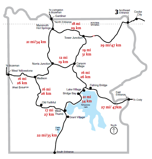 Yellowstone roads and distances.