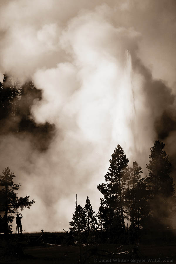 A Yellowstone Park visitor enjoys a second burst from Grand Geyser. (©Janet White - click to enlarge) A Yellowstone Park visitor enjoys a second burst from Grand Geyser. (©Janet White - click to enlarge)