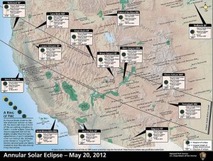 An annular solar eclipse on May 20, 2012 will be visible from national parks across the Western United States. (NPS image - click to enlarge)