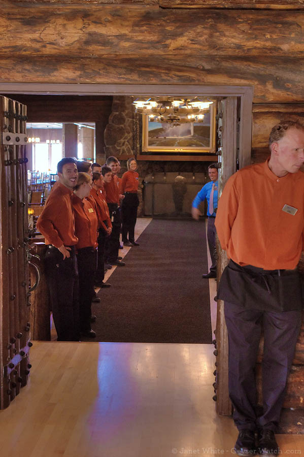 Dining room workers at the Old Faithful Inn line up to welcome customers.