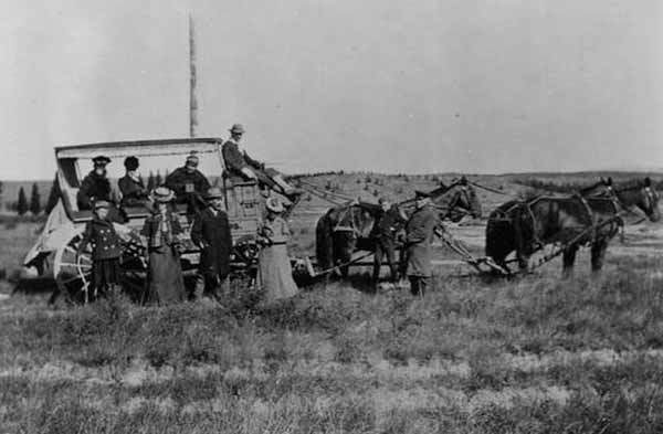 Emma Cowan and her husband return in 1905 to the spot in Yellowstone National Park where they were captured by Nez Perce Indians. (Bozeman Pioneer Museum)