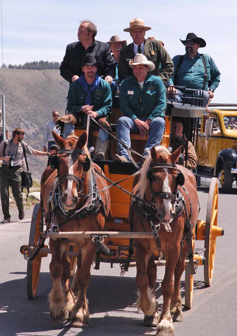 Montana Gov. Brian Schweitzer and Yellowstone National Park Superintendent Dan Wenk take a brief ride in a replica stagegoach in June 2012 for the Gardiner Gateway Project kickoff event. (Ruffin Prevost/Yellowstone Gate - click to enlarge)