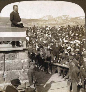 President Theodore Roosevelt attends a 1904 ceremony in Gardiner, Mont. for the laying of the cornerstone in the arch that bears his name.