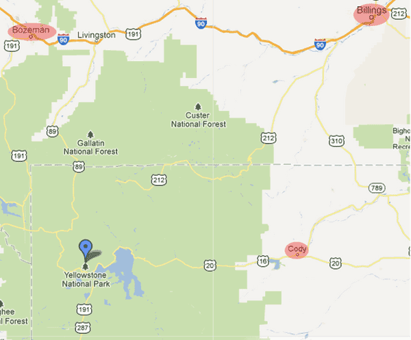 Cody, Billings and Livingston in relation to Yellowstone Park