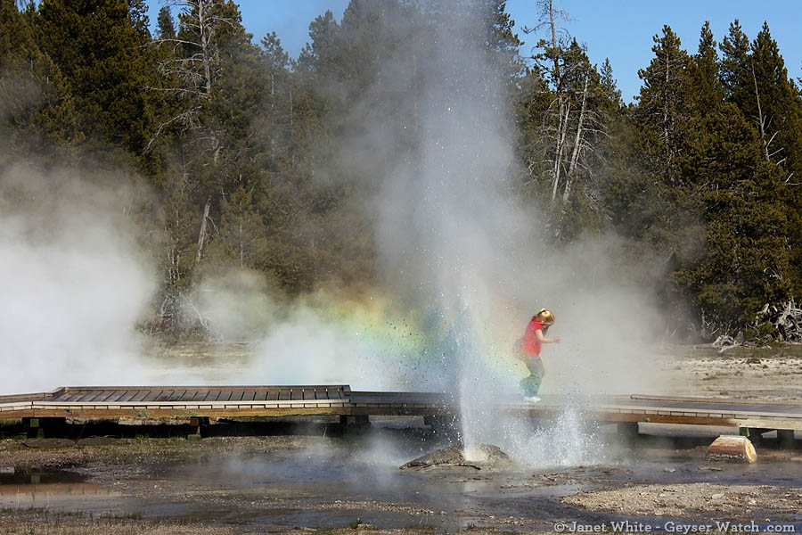 A girl runs through the spray created by Penta Geyser in Yellowstone Park's Upper Geyser Basin. (Janet White/Geyser Watch - click to enlarge)