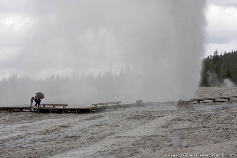 A Grandfather creates a memory for his two grandkids by sheltering them with an umbrella as they walk through the spray from Beehive Geyser