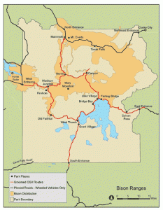 A National Park Service map shows bison winter range and vehicle routes in Yellowstone National Park. (click to enlarge)
