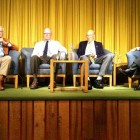 Former U.S. Fish and Wildlife Services Director John Turner, left, speaks Monday during a panel discussion in Cody that included, from left, former Environmental Protection Administration head William Ruckelshaus, former Sen. Alan Simpson and former Wyoming Gov. Mike Sullivan. (Ruffin Prevost/Yellowstone Gate - click to enlarge)