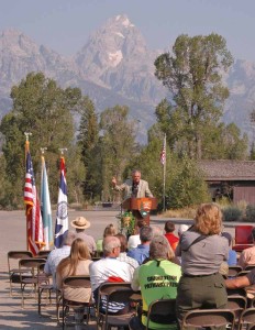 Transportation Secretary Ray LaHood speaks Friday at a celebration of the completion of the second phase of a multipurpose pathway connecting Grand Teton National Park with Jackson, Wyo. (Yellowstone Gate/Ruffin Prevost - click to enlarge)