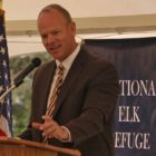 Wyoming Gov. Matt Mead speaks Saturday at the centennial celebration for the National Elk Refuge in Jackson, Wyo. (Yellowstone Gate/Ruffin Prevost - click to enlarge)