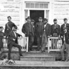 Gustavus Cheyeney Doane, fourth from left with sash, was a soldier who figures prominently in Empire of Shadows: The Epic Story of Yellowstone, by George Black. (Pioneer Museum - click to enlarge)