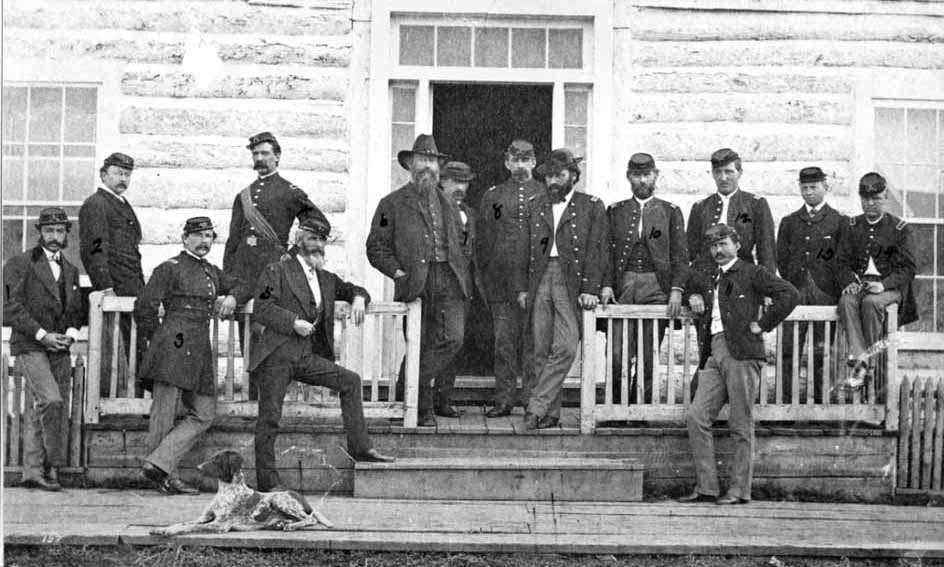 Gustavus Cheyeney Doane, fourth from left with sash, was a soldier who figures prominently in Empire of Shadows: The Epic Story of Yellowstone, by George Black. (Pioneer Museum - click to enlarge)