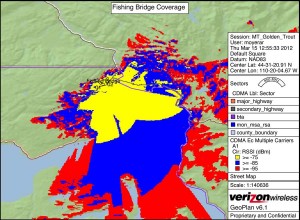 A map from Verizon Wireless shows signal coverage from a cell phone tower planned for the area around Lake Hotel in Yellowstone National Park. (click to enlarge)
