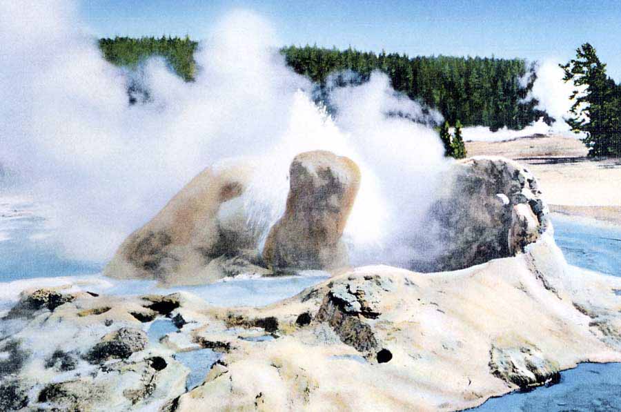 A postcard by historic Yellowstone National Park photographer Frank Haynes shows Grotto Geyser as it appeared in approximately 1913. (click to enlarge)