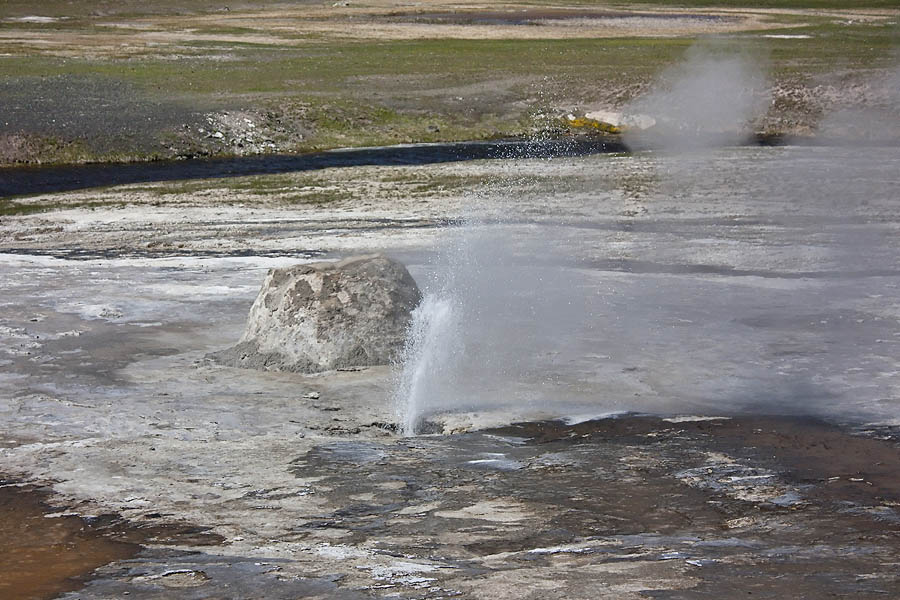 Beehive's Indicator is a small geyser that usually erupts 5-20 minutes prior to an eruption of Beehive Geyser. (Janet White/Geyser Watch - click to enlarge)