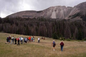 Hikers make their way to an ancient hilltop outpost in the Shoshone National Forest during a July field trip sponsored by the Greater Yellowstone Coalition. (Ruffin Prevost/Yellowstone Gate - click to enlarge)
