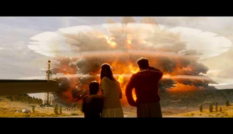 In a frame capture from the disaster movie 2012, visitors watch the Yellowstone caldera explode in a supervolcano eruption that marks the beginning of a planetary series of cataclysmic events. (©2009 Columbia Pictures - click to enlarge)
