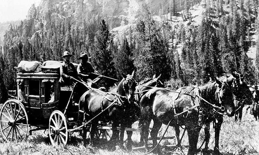 Horse-drawn coaches were the common method for travel in the early days of Yellowstone National Park. (Yellowstone Digital Slide File - click to enlarge)