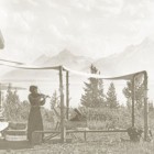 Edith Sargent playis the violin outside of Merymere Lodge at the site of the AMK Ranch in Grand Teton National Park.