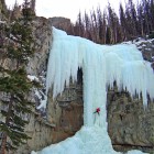 Aaron Mulkey climbs a frozen waterfall called Hells Angel on the Upper South Fork of the Shoshone River, about 45 miles southwest of Cody. (File photo by Joel Anderson - click to enlarge)