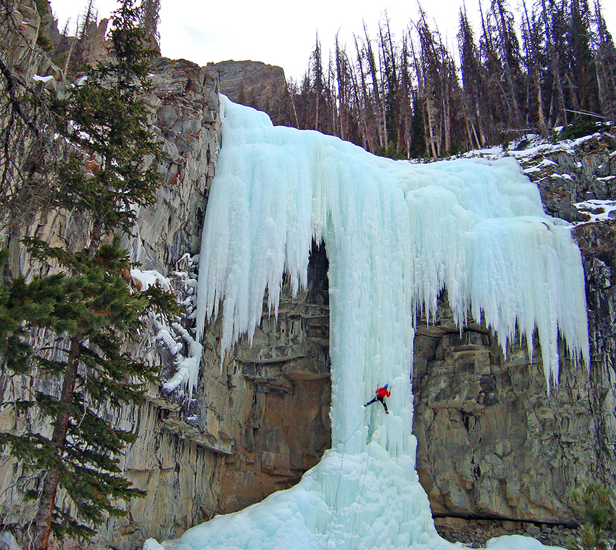 Aaron Mulkey climbs a frozen waterfall called Hells Angel on the Upper South Fork of the Shoshone River, about 45 miles southwest of Cody. (File photo by Joel Anderson - click to enlarge)