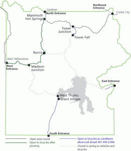 Yellowstone National Park spring bicycling map. (NPS image-click to enlarge)