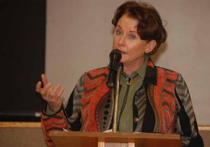 Grand Teton National Park Superintendent Mary Gibson Scott speaks Monday to tourism business leaders in Cody, Wyo. (Ruffin Prevost/Yellowstone Gate)