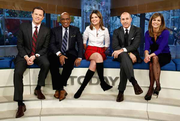 "Today" show anchors Willie Geist, from left, Al Roker, Savannah Guthrie, Matt Lauer and Natalie Morales will broadcast Tuesday morning from Old Faithful in Yellowstone National Park. (NBC photo by Peter Krame)