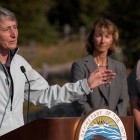 Interior Secretary Sally Jewell, left, speaks at Jenny Lake on Thursday in Grand Teton National Park in support of a Grand Teton National Park Foundation project to improve trails and visitor amenities in the area. Joining her in the announcement of the $16 million public-private fundraising initiative were Grand Teton Superintendent Mary Gibson Scott, right, and foundation President Leslie Mattson. (Ruffin Prevost/Yellowstone Gate)