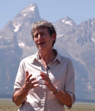 Interior Secretary Sally Jewell speaks Wednesday with reporters in Grand Teton National Park about her efforts to complete a deal for the federal government to acquire Wyoming state lands within the park. (Ruffin Prevost/Yellowstone Gate)
