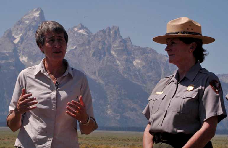Interior Secretary Sally Jewell, left, and Grand Teton National Park Superintendent Mary Gibson Scott speak with reporters Wednesday about efforts to complete a deal for the federal government to acquire Wyoming state lands within the park, were the press conference was held. (Ruffin Prevost/Yellowstone Gate)