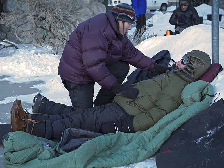 Cold temperatures and winter conditions add a sense of urgency to wilderness first aid scenarios during a course near Yellowstone National Park.