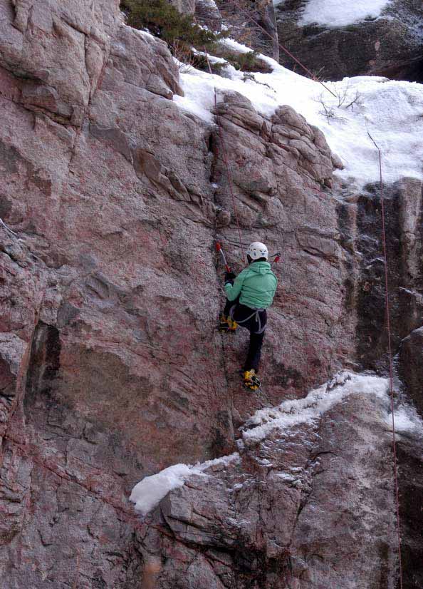 A climber uses ice axes and crampons to ascend a rock face in Shoshone Canyon on Saturday during the 16th Annual Cody Ice Climbing Festival in Cody, Wyo. (Ruffin Prevost/Yellowstone Gate)