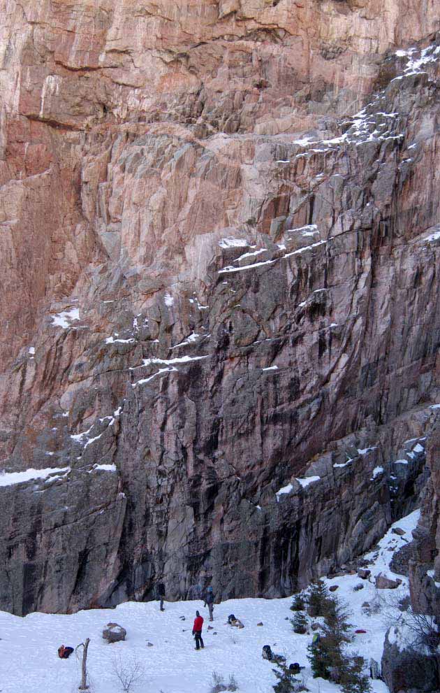 Climbers gather at the bottom of a rock face in Shoshone Canyon on Saturday during the 16th Annual Cody Ice Climbing Festival in Cody, Wyo. (Ruffin Prevost/Yellowstone Gate)