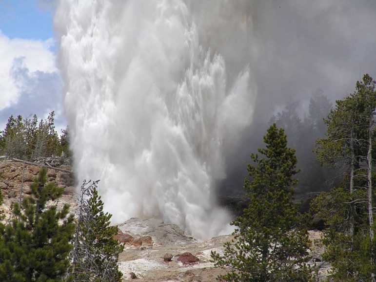 Steamboat Geyser erupts in Yellowstone National Park in 2005. The Norris Geyser Basin feature is the largest active geyser in the world, spewing water more than 300 feet into the air during full eruptions.