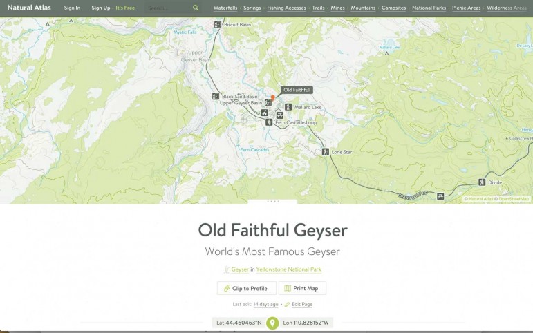 A sample entry from Natural Atlas offers topographical maps showing the location of Old Faithful Geyser in Yellowstone National Park.