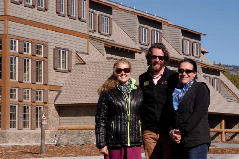 Xanterra Parks and Resorts sustainability specialists Rebecca Owens, from left, Catherine Greener and Dylan Hoffman complete a tour of a newly built lodge in the Canyon section of Yellowstone National Park.