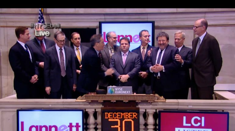 A screen capture of the live stream of the New York Stock Exchange shows Lannett Co. CEO Arthur Bedrosian, third from right, as he is joined by members of the Lannett management team to ring the opening bell on Dec. 30, 2013. 