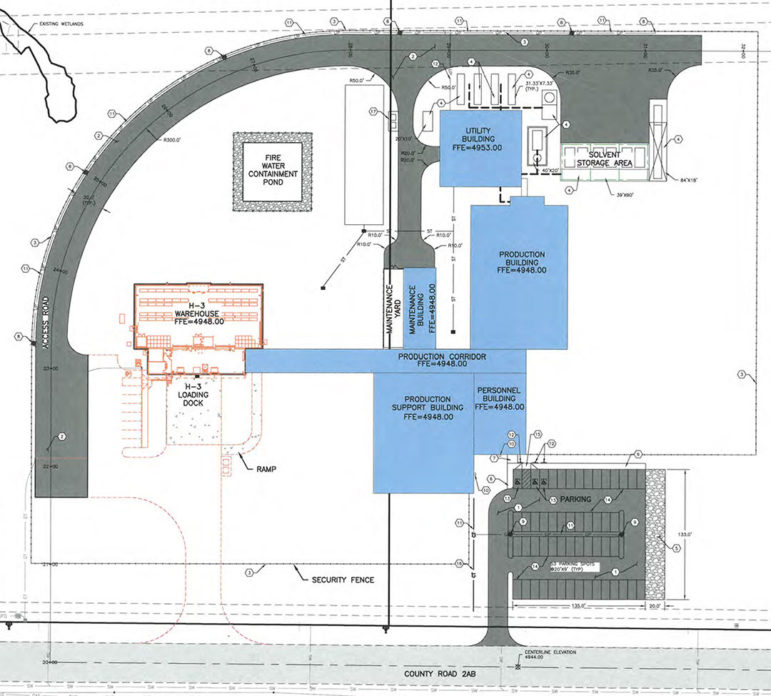 A site plan shows the layout of a proposed Cody Labs pharmaceutical manufacturing and storage campus in north Cody, Wyo. The company is seeking state funds to help pay for construction of a new $45 million production facility.