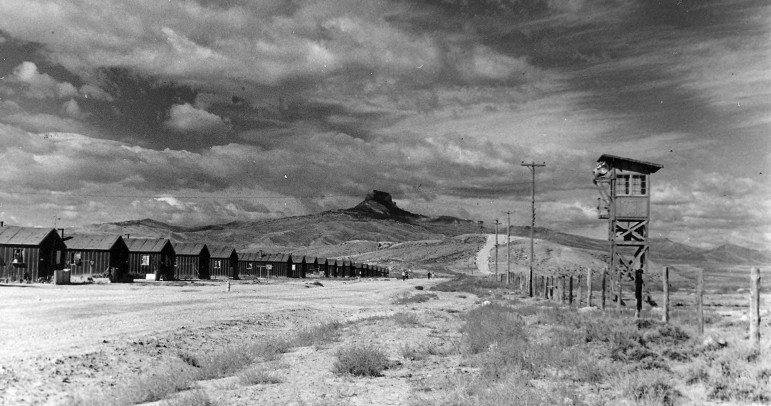 A historic photo from the Heart Mountain Interpretive Center shows a World War II relocation camp in Wyoming between Cody and Powell. Wyo. More than 14,000 Japanese-Americans were held at Heart Mountain, one of 10 such camps nationwide that housed more than 110,000 people. 