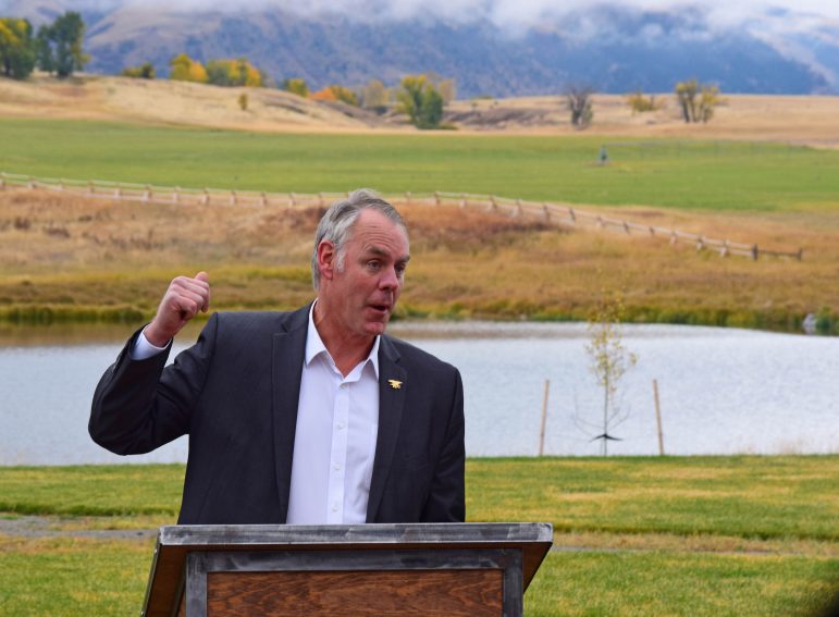 Interior Secretary Ryan Zinke  speaks during a ceremony marking the withdrawal of more than 33,000 acres of public lands from new mining.