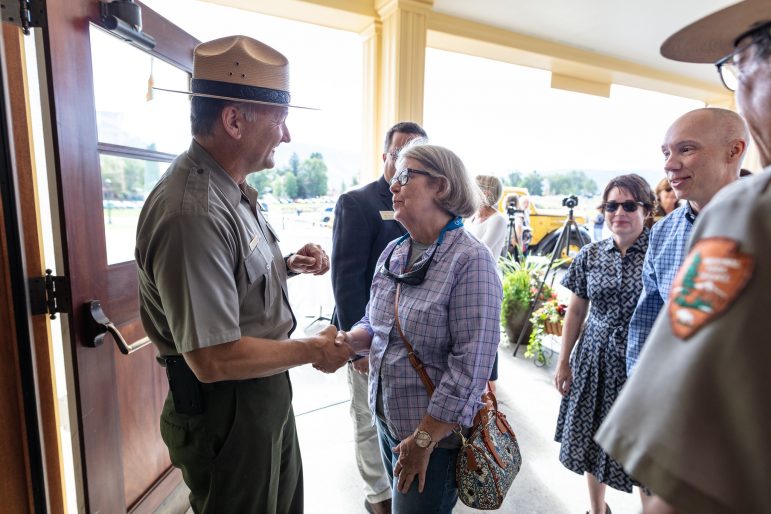Yellowstone National Park Superintendent Cam Sholly greets visitors during a celebration Aug 30 marking the reopening of the Mammoth Hot Springs Hotel folowing a $30-million renovation. (NPS photo/Jacob W. Frank)